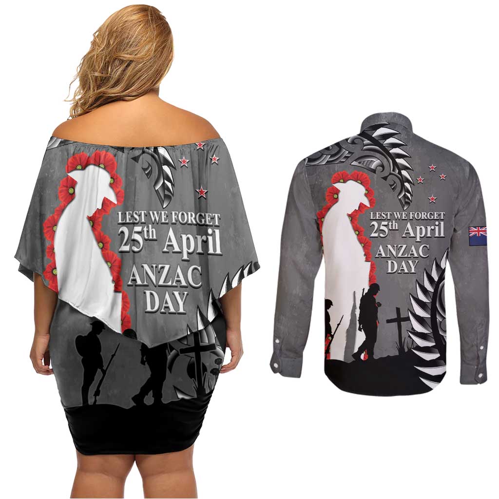 New Zealand ANZAC Day Couples Matching Off Shoulder Short Dress and Long Sleeve Button Shirt 25th April Silver Fern With Poppy LT14 - Polynesian Pride