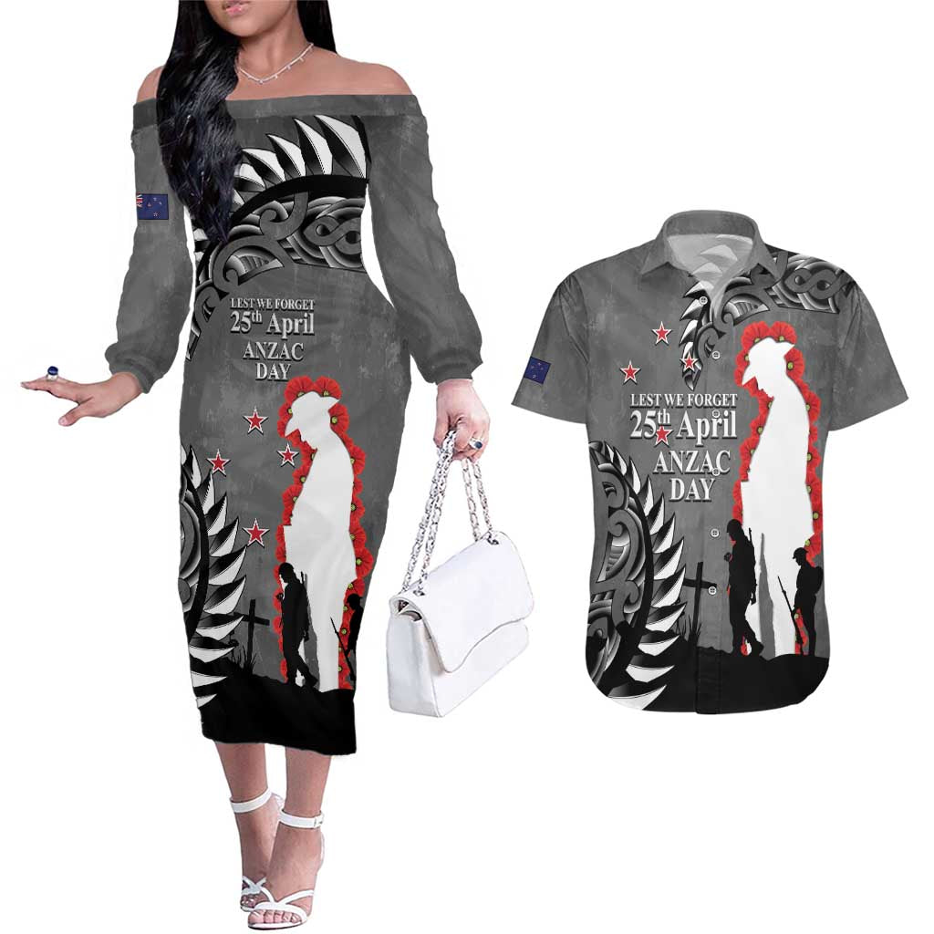 New Zealand ANZAC Day Couples Matching Off The Shoulder Long Sleeve Dress and Hawaiian Shirt 25th April Silver Fern With Poppy LT14 Gray - Polynesian Pride