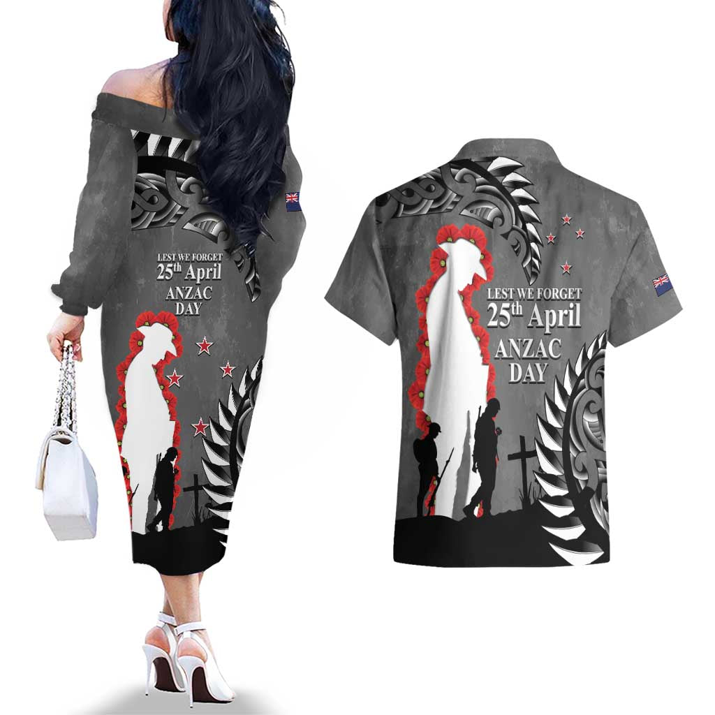 New Zealand ANZAC Day Couples Matching Off The Shoulder Long Sleeve Dress and Hawaiian Shirt 25th April Silver Fern With Poppy LT14 - Polynesian Pride