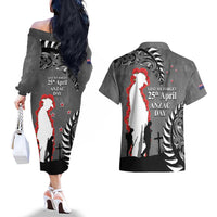 New Zealand ANZAC Day Couples Matching Off The Shoulder Long Sleeve Dress and Hawaiian Shirt 25th April Silver Fern With Poppy LT14 - Polynesian Pride