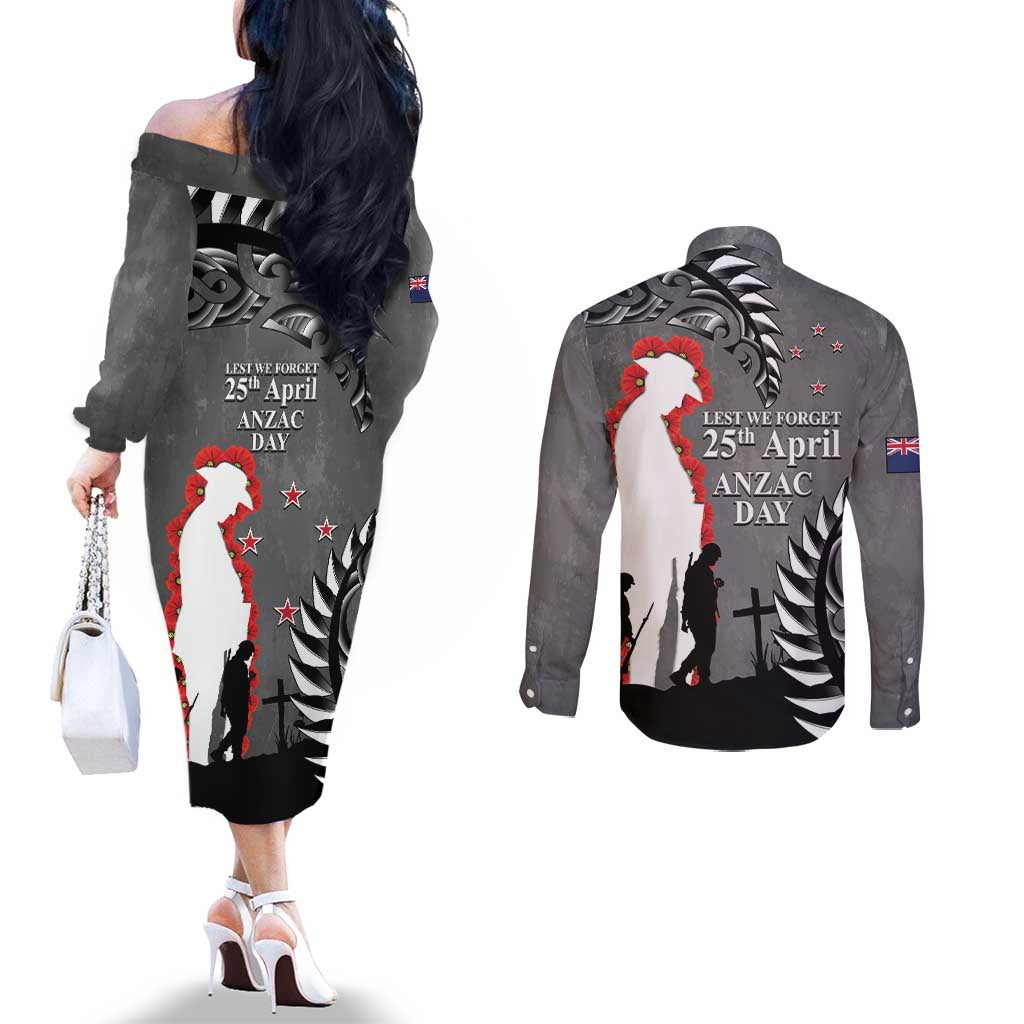 New Zealand ANZAC Day Couples Matching Off The Shoulder Long Sleeve Dress and Long Sleeve Button Shirt 25th April Silver Fern With Poppy LT14 - Polynesian Pride