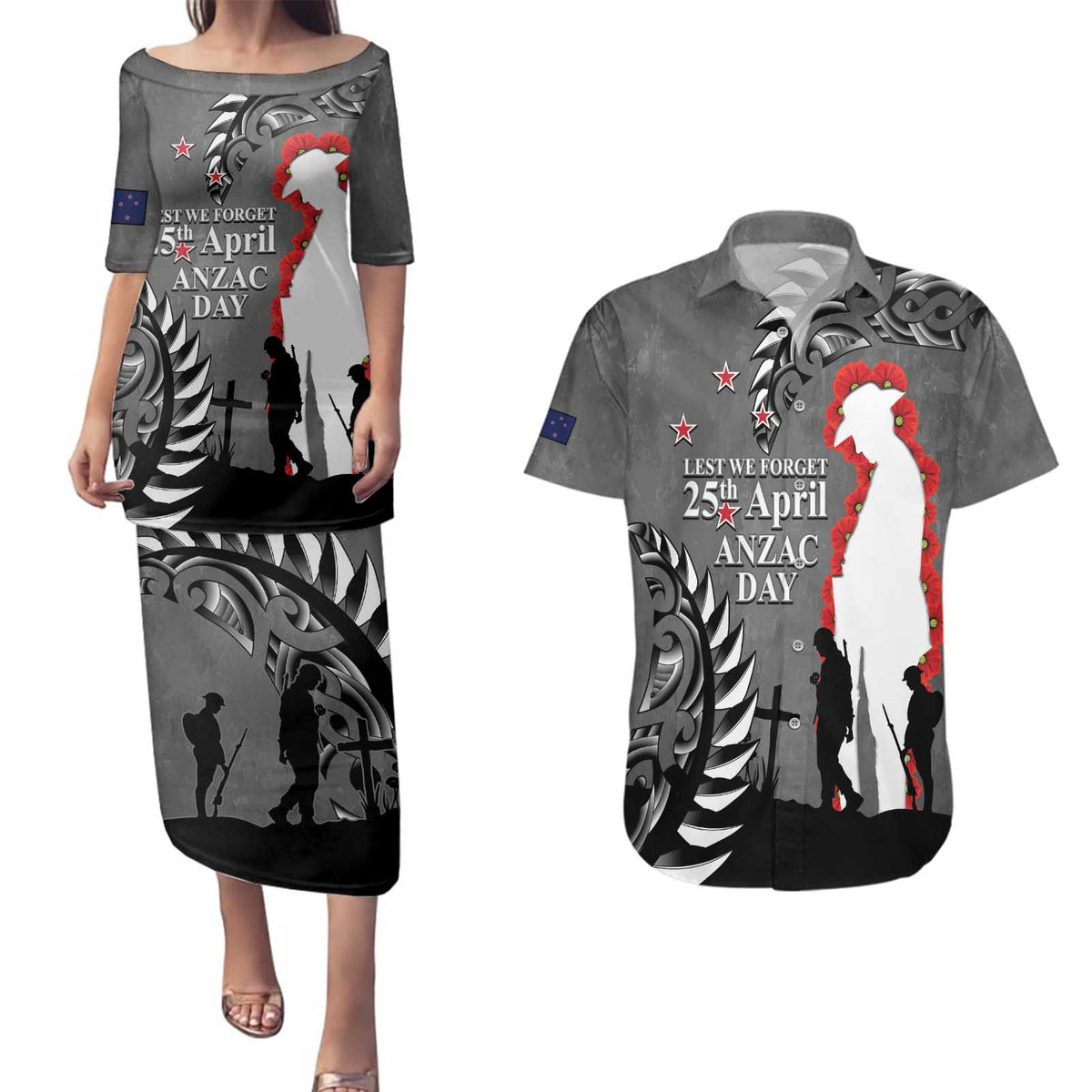 New Zealand ANZAC Day Couples Matching Puletasi and Hawaiian Shirt 25th April Silver Fern With Poppy LT14 Gray - Polynesian Pride