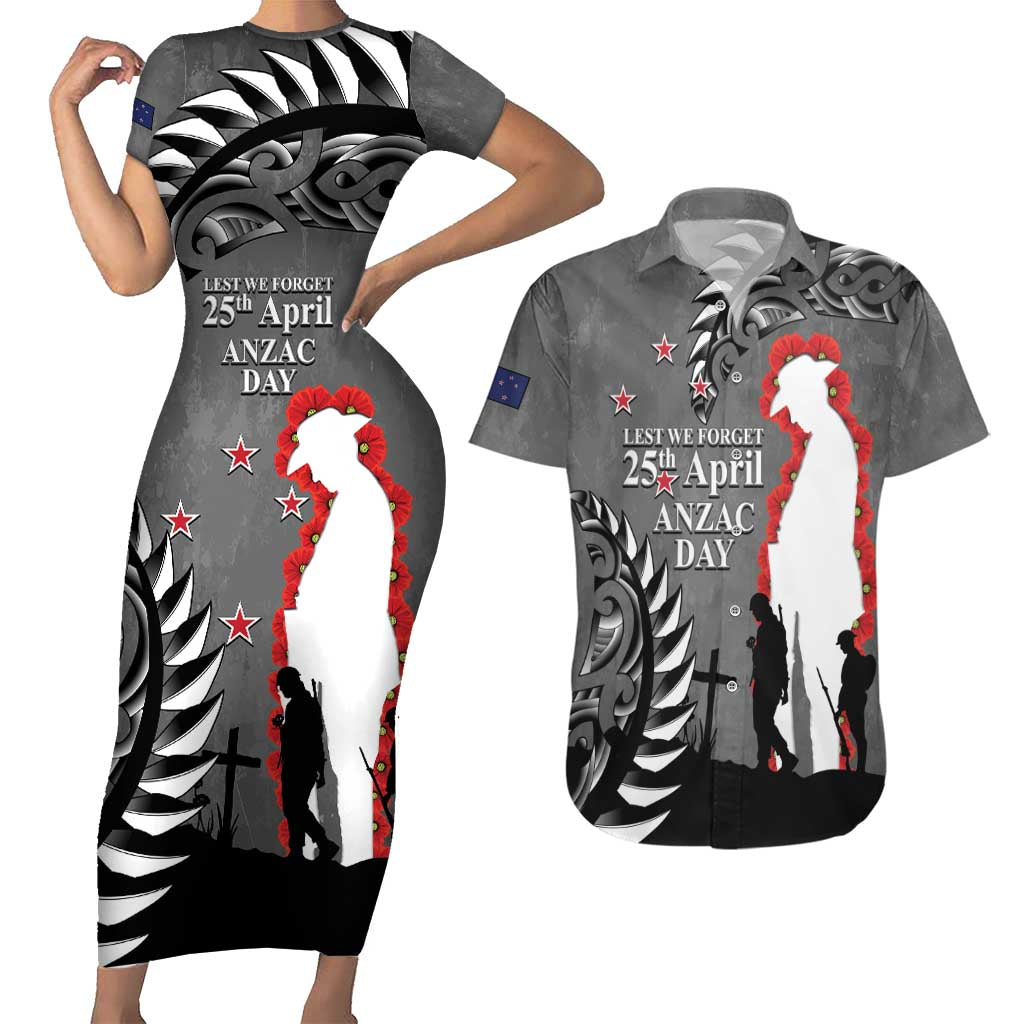 New Zealand ANZAC Day Couples Matching Short Sleeve Bodycon Dress and Hawaiian Shirt 25th April Silver Fern With Poppy LT14 Gray - Polynesian Pride