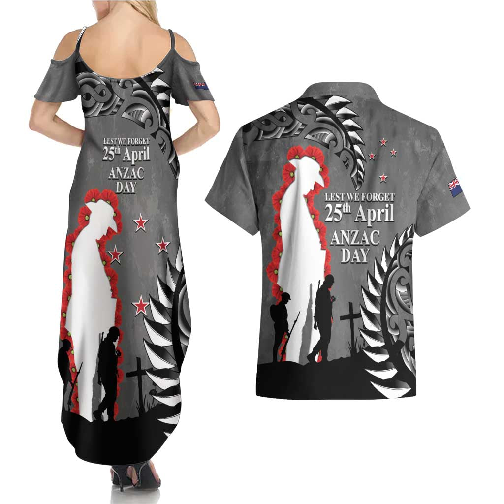 New Zealand ANZAC Day Couples Matching Summer Maxi Dress and Hawaiian Shirt 25th April Silver Fern With Poppy LT14 - Polynesian Pride