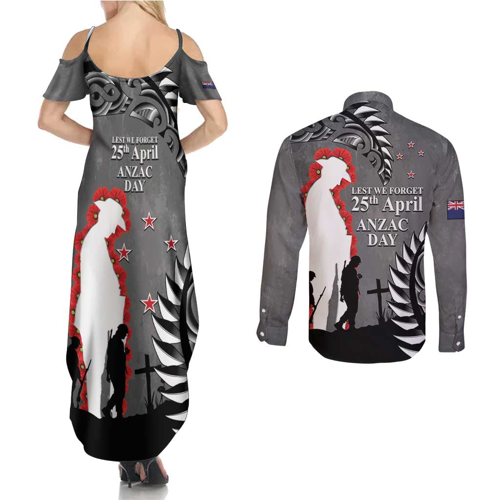 New Zealand ANZAC Day Couples Matching Summer Maxi Dress and Long Sleeve Button Shirt 25th April Silver Fern With Poppy LT14 - Polynesian Pride