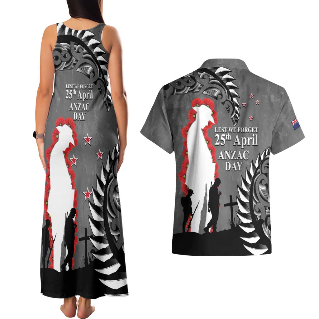 New Zealand ANZAC Day Couples Matching Tank Maxi Dress and Hawaiian Shirt 25th April Silver Fern With Poppy LT14 - Polynesian Pride