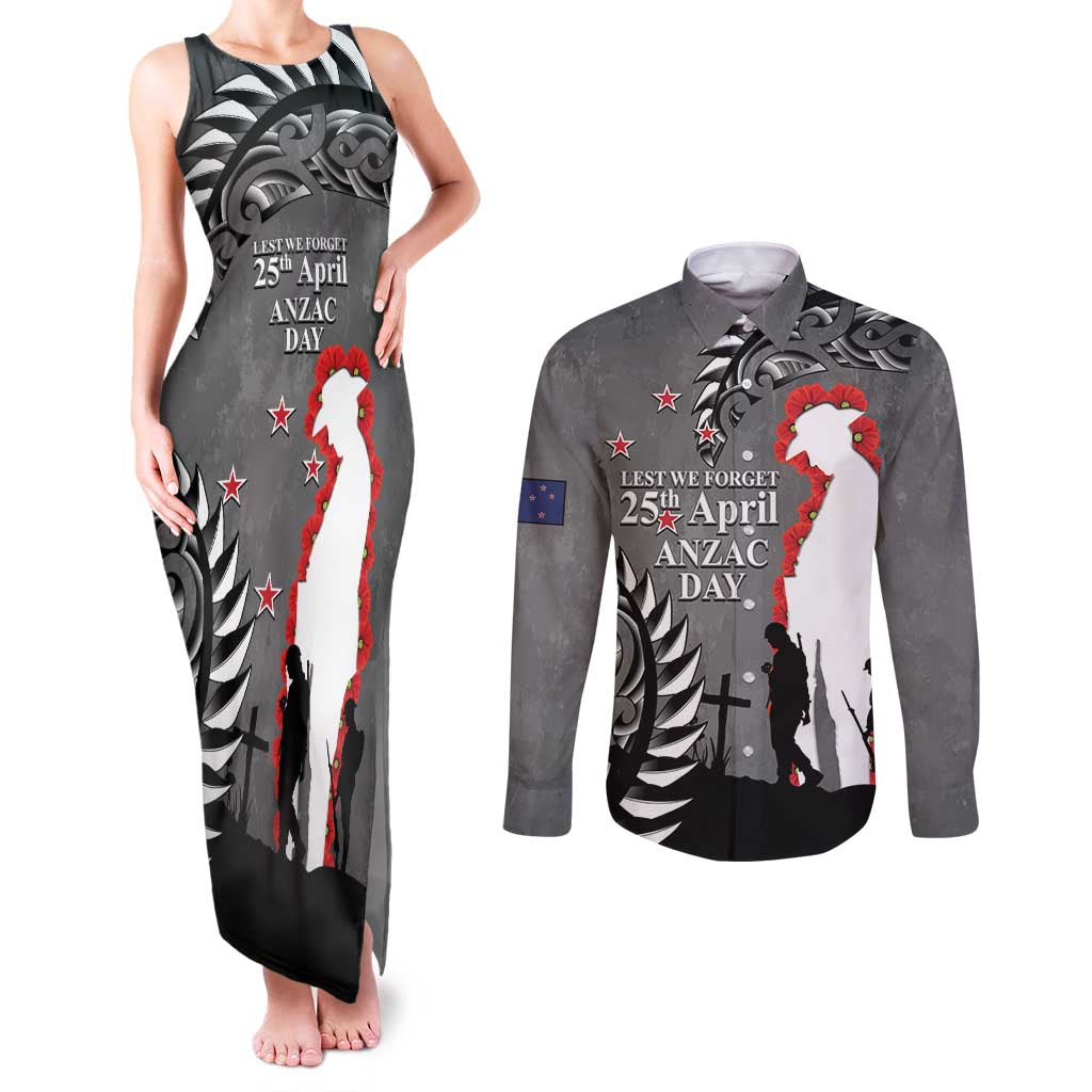 New Zealand ANZAC Day Couples Matching Tank Maxi Dress and Long Sleeve Button Shirt 25th April Silver Fern With Poppy LT14 Gray - Polynesian Pride
