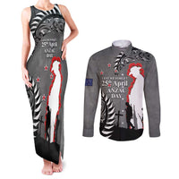 New Zealand ANZAC Day Couples Matching Tank Maxi Dress and Long Sleeve Button Shirt 25th April Silver Fern With Poppy LT14 Gray - Polynesian Pride