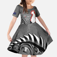 New Zealand ANZAC Day Family Matching Long Sleeve Bodycon Dress and Hawaiian Shirt 25th April Silver Fern With Poppy LT14 Daughter's Dress Gray - Polynesian Pride