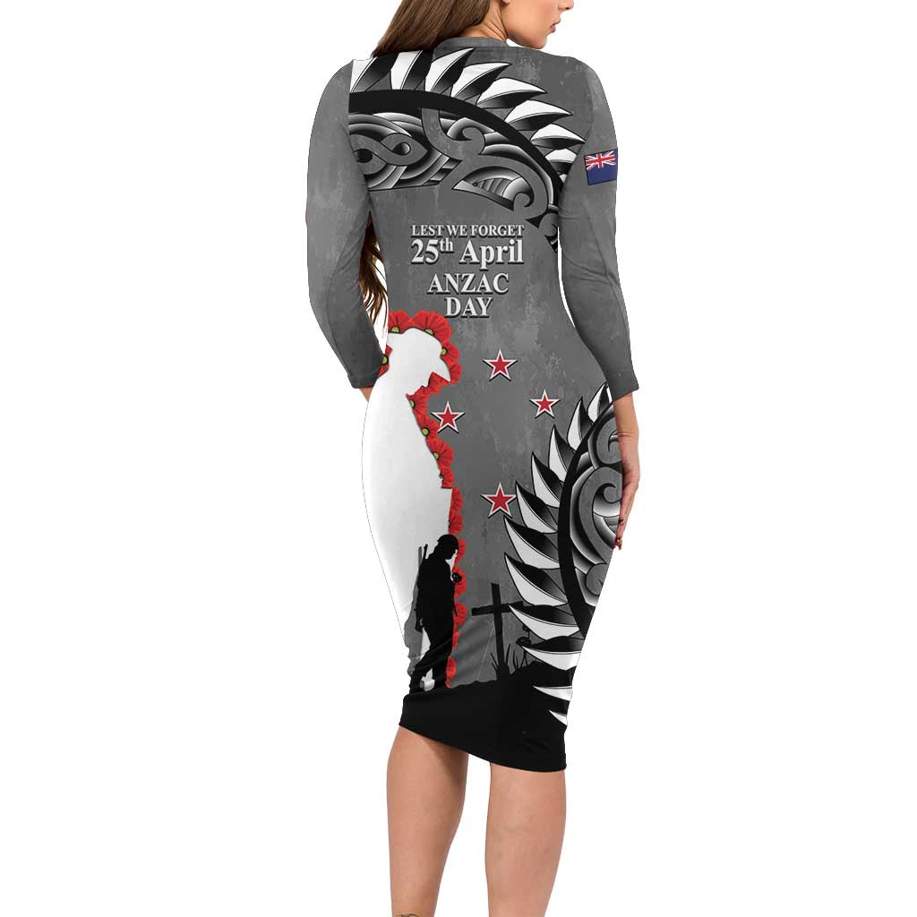 New Zealand ANZAC Day Family Matching Long Sleeve Bodycon Dress and Hawaiian Shirt 25th April Silver Fern With Poppy LT14 - Polynesian Pride