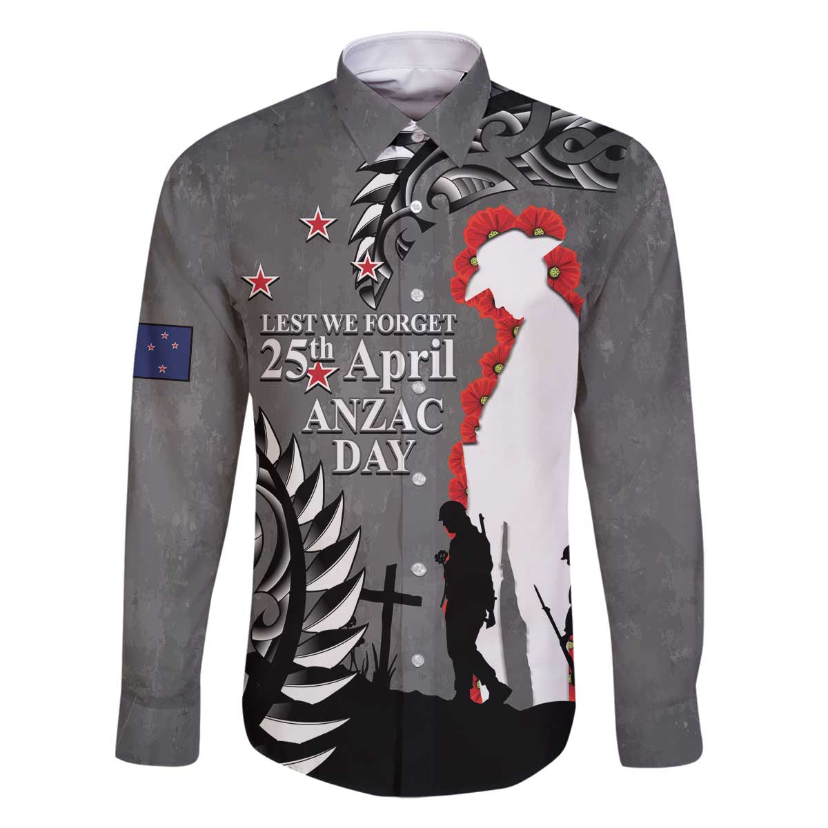 New Zealand ANZAC Day Family Matching Off The Shoulder Long Sleeve Dress and Hawaiian Shirt 25th April Silver Fern With Poppy LT14 Dad's Shirt - Long Sleeve Gray - Polynesian Pride