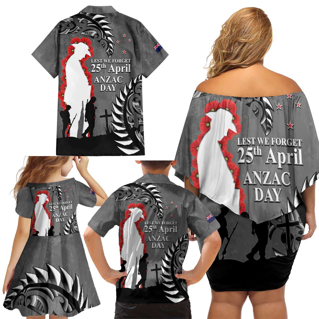 New Zealand ANZAC Day Family Matching Off Shoulder Short Dress and Hawaiian Shirt 25th April Silver Fern With Poppy LT14 - Polynesian Pride