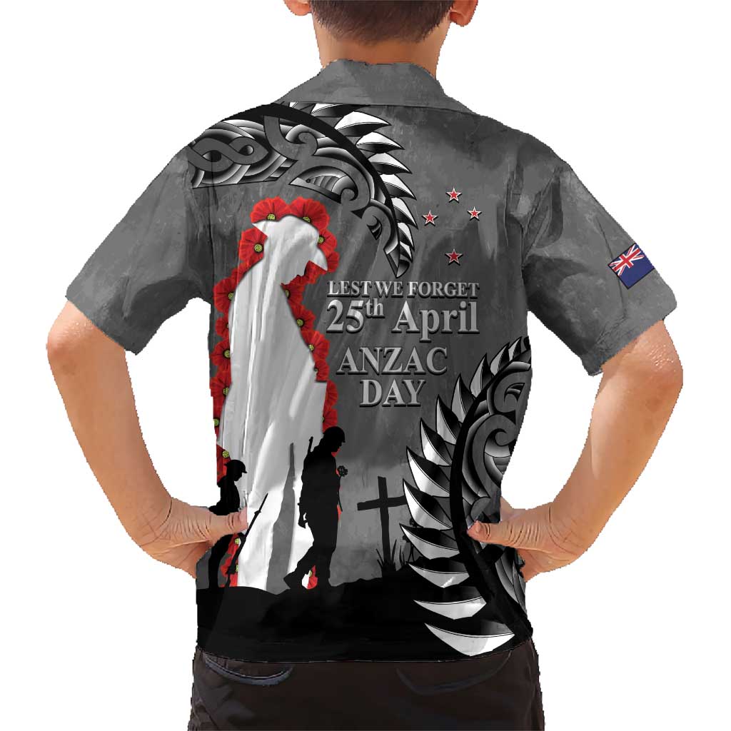 New Zealand ANZAC Day Family Matching Short Sleeve Bodycon Dress and Hawaiian Shirt 25th April Silver Fern With Poppy LT14 - Polynesian Pride