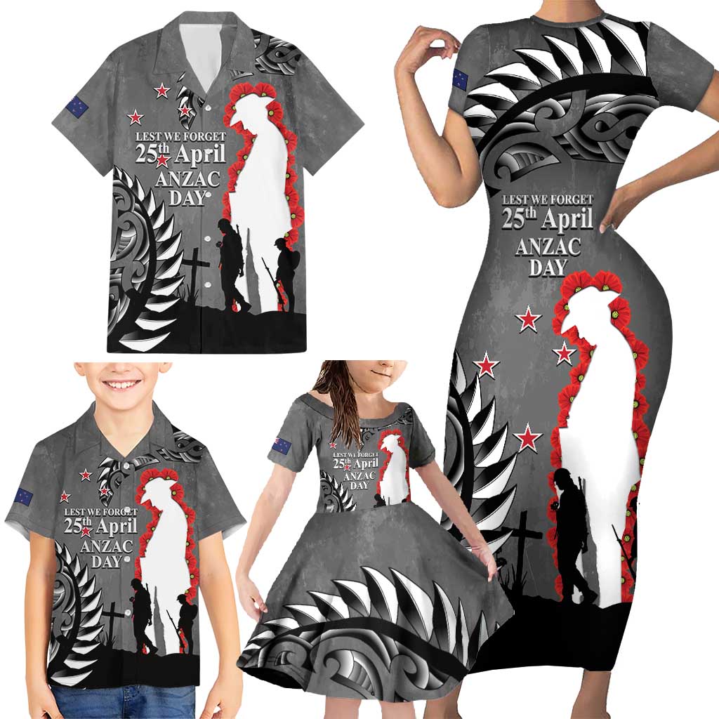 New Zealand ANZAC Day Family Matching Short Sleeve Bodycon Dress and Hawaiian Shirt 25th April Silver Fern With Poppy LT14 - Polynesian Pride