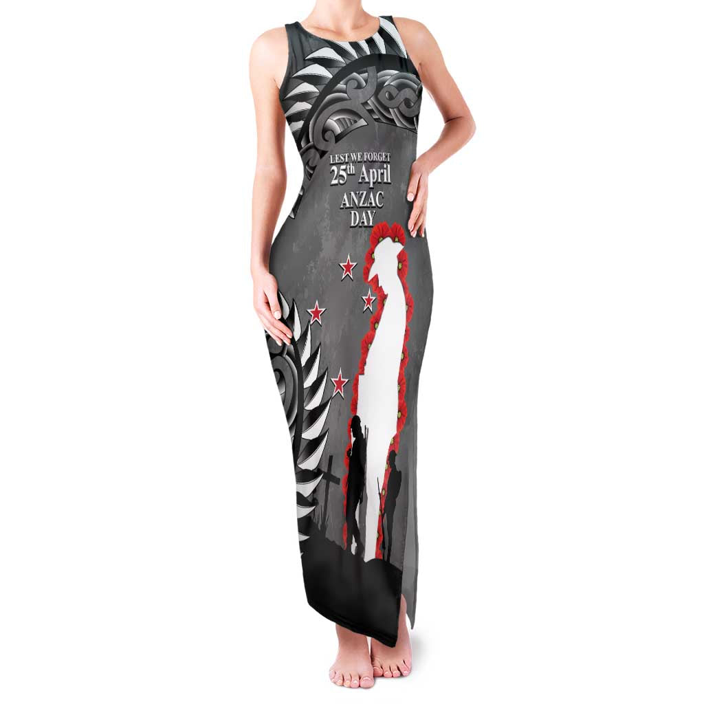 New Zealand ANZAC Day Family Matching Tank Maxi Dress and Hawaiian Shirt 25th April Silver Fern With Poppy LT14 Mom's Dress Gray - Polynesian Pride