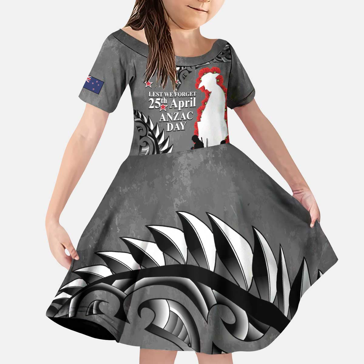 New Zealand ANZAC Day Kid Short Sleeve Dress 25th April Silver Fern With Poppy LT14 KID Gray - Polynesian Pride