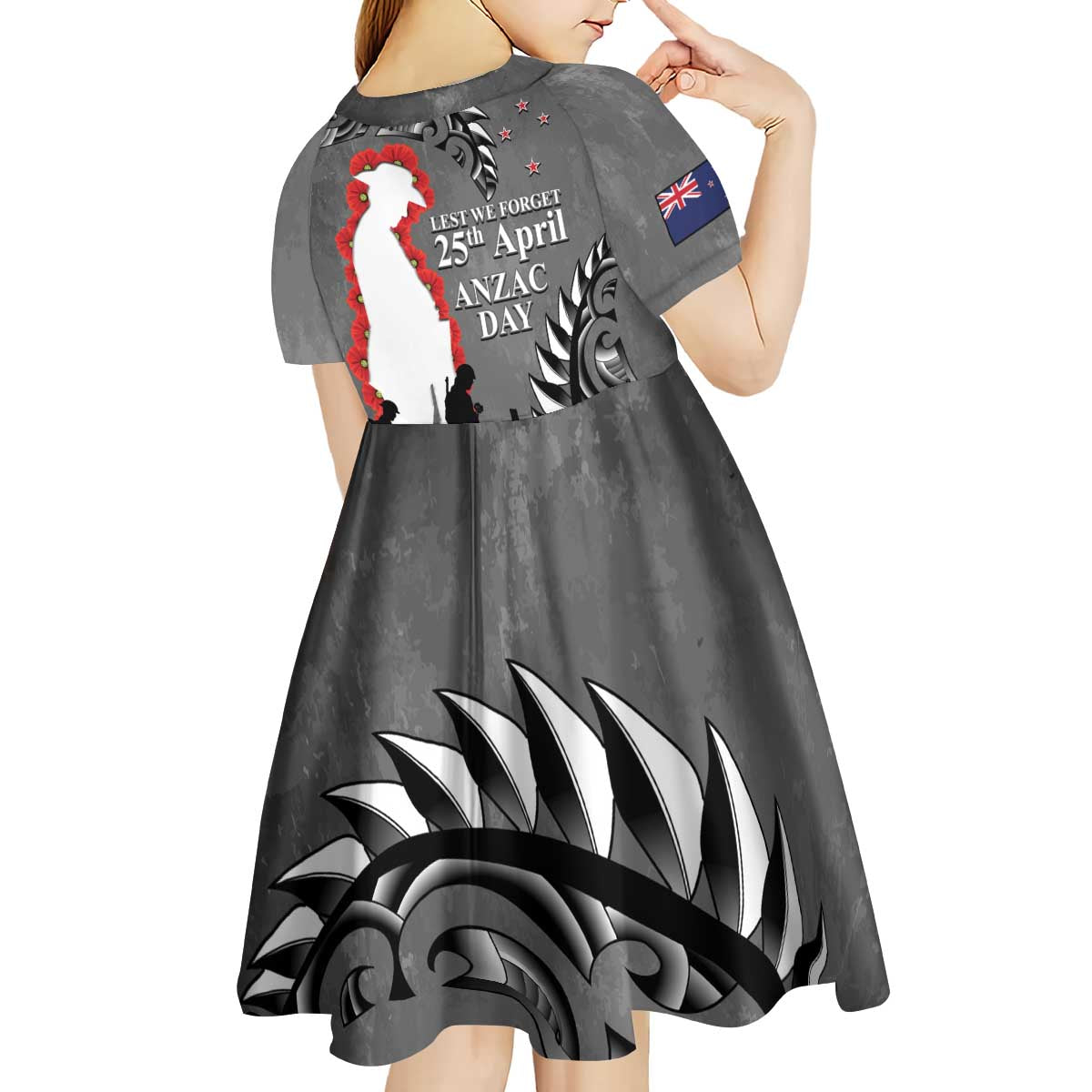 New Zealand ANZAC Day Kid Short Sleeve Dress 25th April Silver Fern With Poppy LT14 - Polynesian Pride