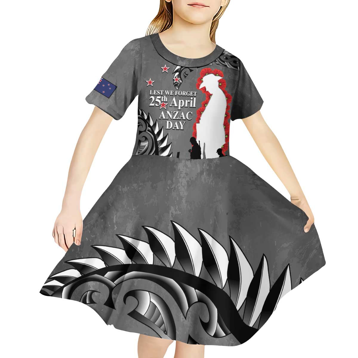 New Zealand ANZAC Day Kid Short Sleeve Dress 25th April Silver Fern With Poppy LT14 - Polynesian Pride