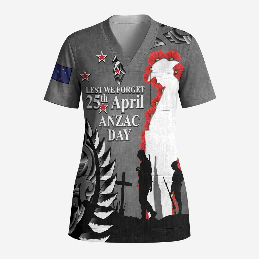 New Zealand ANZAC Day Scrub Top 25th April Silver Fern With Poppy - Polynesian Pride