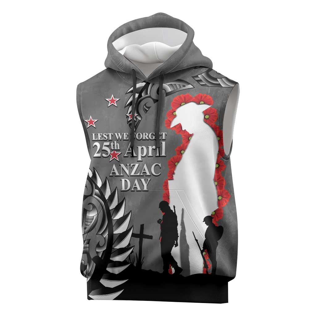 New Zealand ANZAC Day Sleeveless Hoodie 25th April Silver Fern With Poppy LT14 Gray - Polynesian Pride