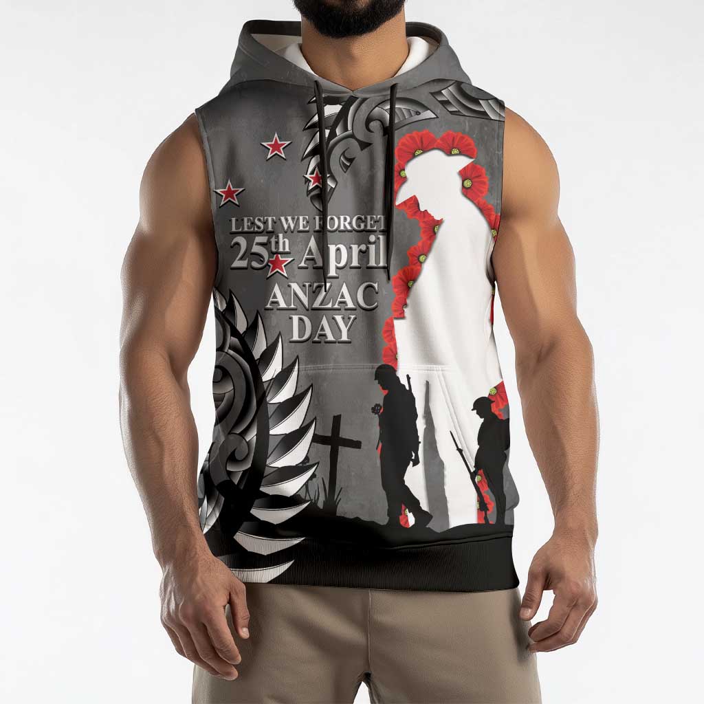 New Zealand ANZAC Day Sleeveless Hoodie 25th April Silver Fern With Poppy LT14 - Polynesian Pride