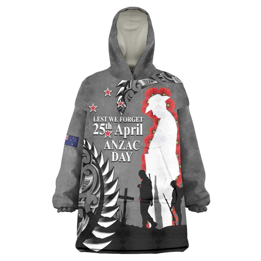 New Zealand ANZAC Day Wearable Blanket Hoodie 25th April Silver Fern With Poppy LT14 One Size Gray - Polynesian Pride