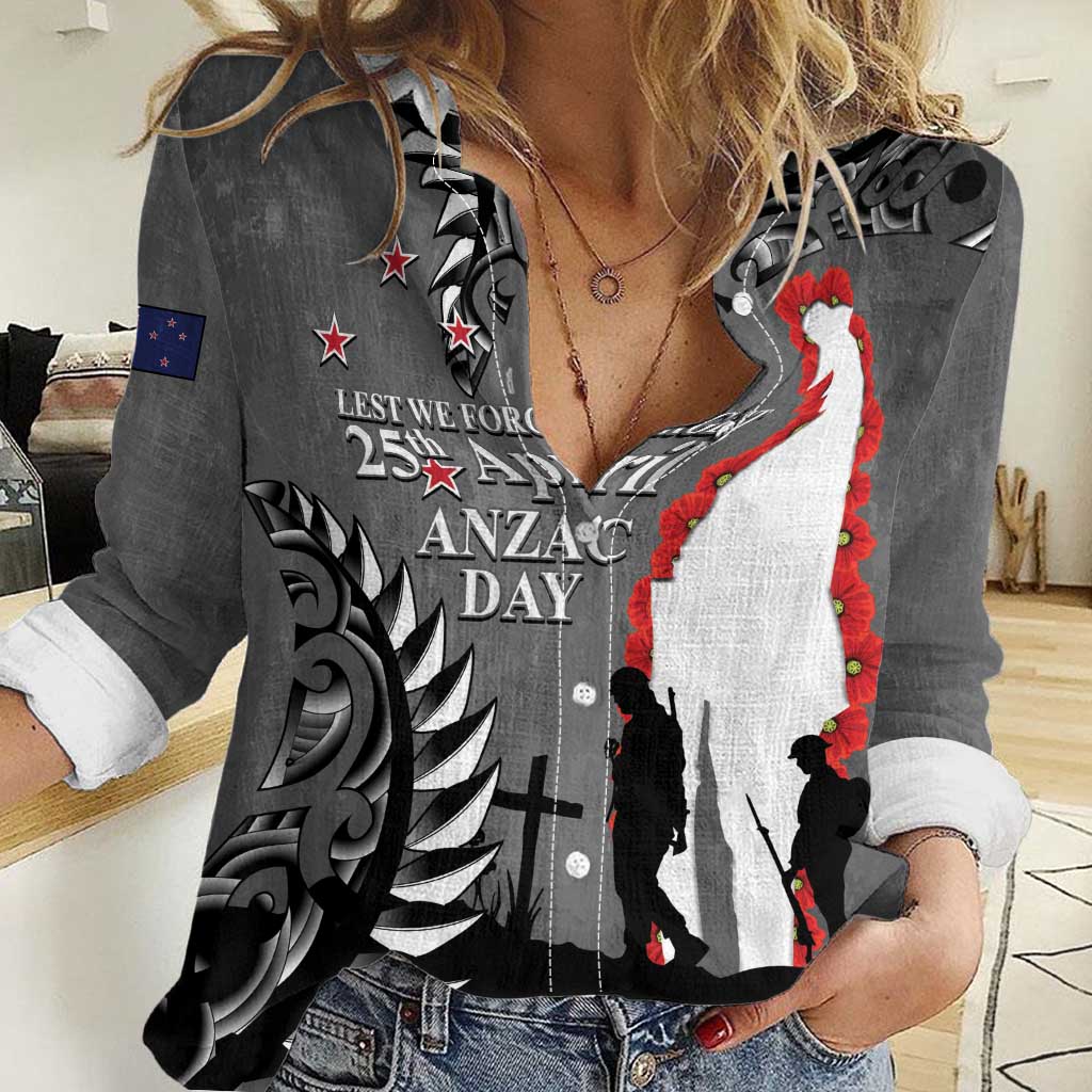 New Zealand ANZAC Day Women Casual Shirt 25th April Silver Fern With Poppy LT14 Female Gray - Polynesian Pride