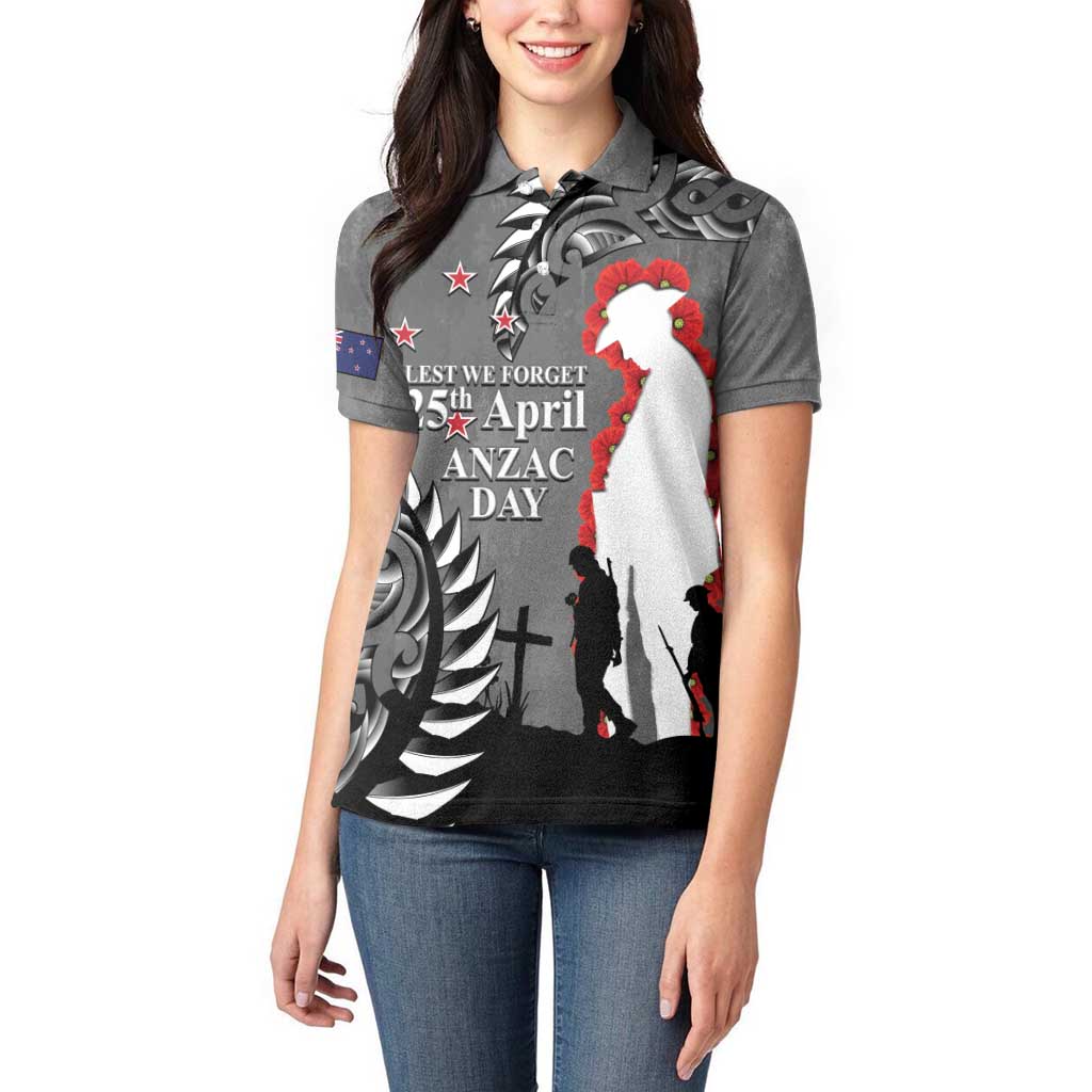 New Zealand ANZAC Day Women Polo Shirt 25th April Silver Fern With Poppy LT14 - Polynesian Pride