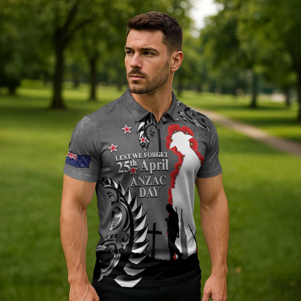 New Zealand ANZAC Day Zipper Polo Shirt 25th April Silver Fern With Poppy LT14 - Polynesian Pride