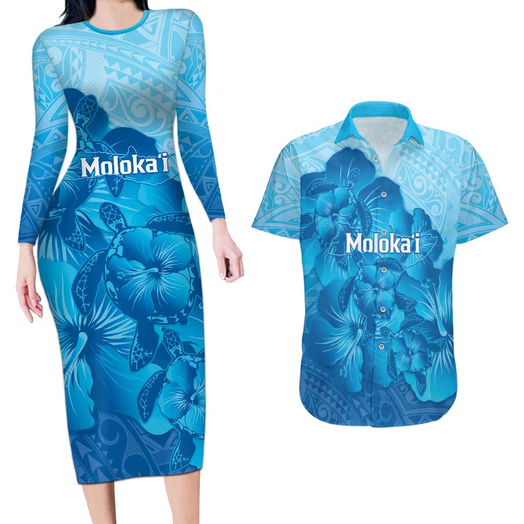 Aloha Hawaii Molokai Island Couples Matching Long Sleeve Bodycon Dress and Hawaiian Shirt Hibiscus Tribal Honu Hawaiian Tattoo LT14 Blue - Polynesian Pride