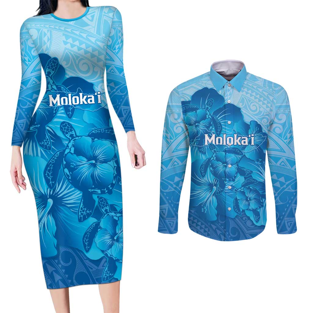 Aloha Hawaii Molokai Island Couples Matching Long Sleeve Bodycon Dress and Long Sleeve Button Shirt Hibiscus Tribal Honu Hawaiian Tattoo LT14 Blue - Polynesian Pride
