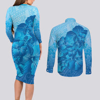 Aloha Hawaii Molokai Island Couples Matching Long Sleeve Bodycon Dress and Long Sleeve Button Shirt Hibiscus Tribal Honu Hawaiian Tattoo LT14 - Polynesian Pride