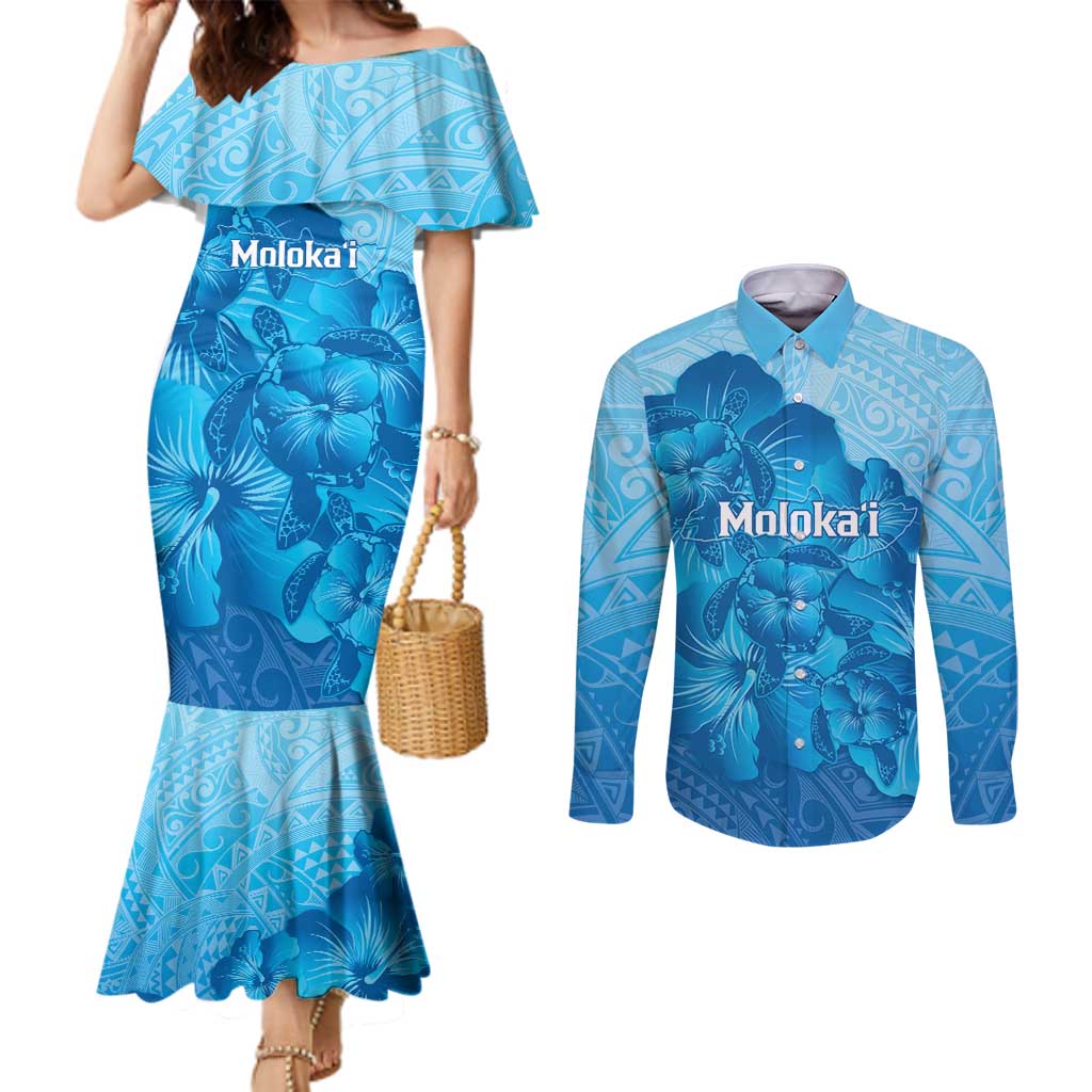 Aloha Hawaii Molokai Island Couples Matching Mermaid Dress and Long Sleeve Button Shirt Hibiscus Tribal Honu Hawaiian Tattoo LT14 Blue - Polynesian Pride