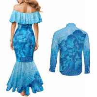 Aloha Hawaii Molokai Island Couples Matching Mermaid Dress and Long Sleeve Button Shirt Hibiscus Tribal Honu Hawaiian Tattoo LT14 - Polynesian Pride