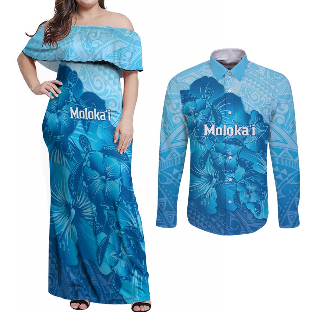 Aloha Hawaii Molokai Island Couples Matching Off Shoulder Maxi Dress and Long Sleeve Button Shirt Hibiscus Tribal Honu Hawaiian Tattoo LT14 Blue - Polynesian Pride