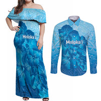 Aloha Hawaii Molokai Island Couples Matching Off Shoulder Maxi Dress and Long Sleeve Button Shirt Hibiscus Tribal Honu Hawaiian Tattoo LT14 Blue - Polynesian Pride