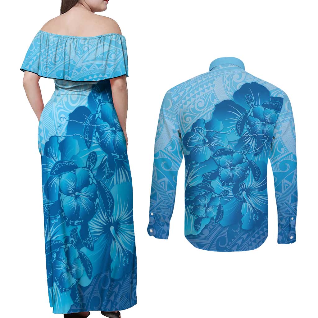 Aloha Hawaii Molokai Island Couples Matching Off Shoulder Maxi Dress and Long Sleeve Button Shirt Hibiscus Tribal Honu Hawaiian Tattoo LT14 - Polynesian Pride