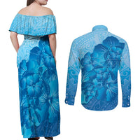 Aloha Hawaii Molokai Island Couples Matching Off Shoulder Maxi Dress and Long Sleeve Button Shirt Hibiscus Tribal Honu Hawaiian Tattoo LT14 - Polynesian Pride