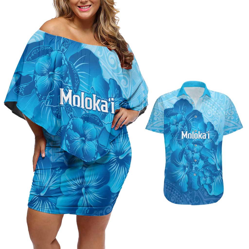 Aloha Hawaii Molokai Island Couples Matching Off Shoulder Short Dress and Hawaiian Shirt Hibiscus Tribal Honu Hawaiian Tattoo LT14 Blue - Polynesian Pride