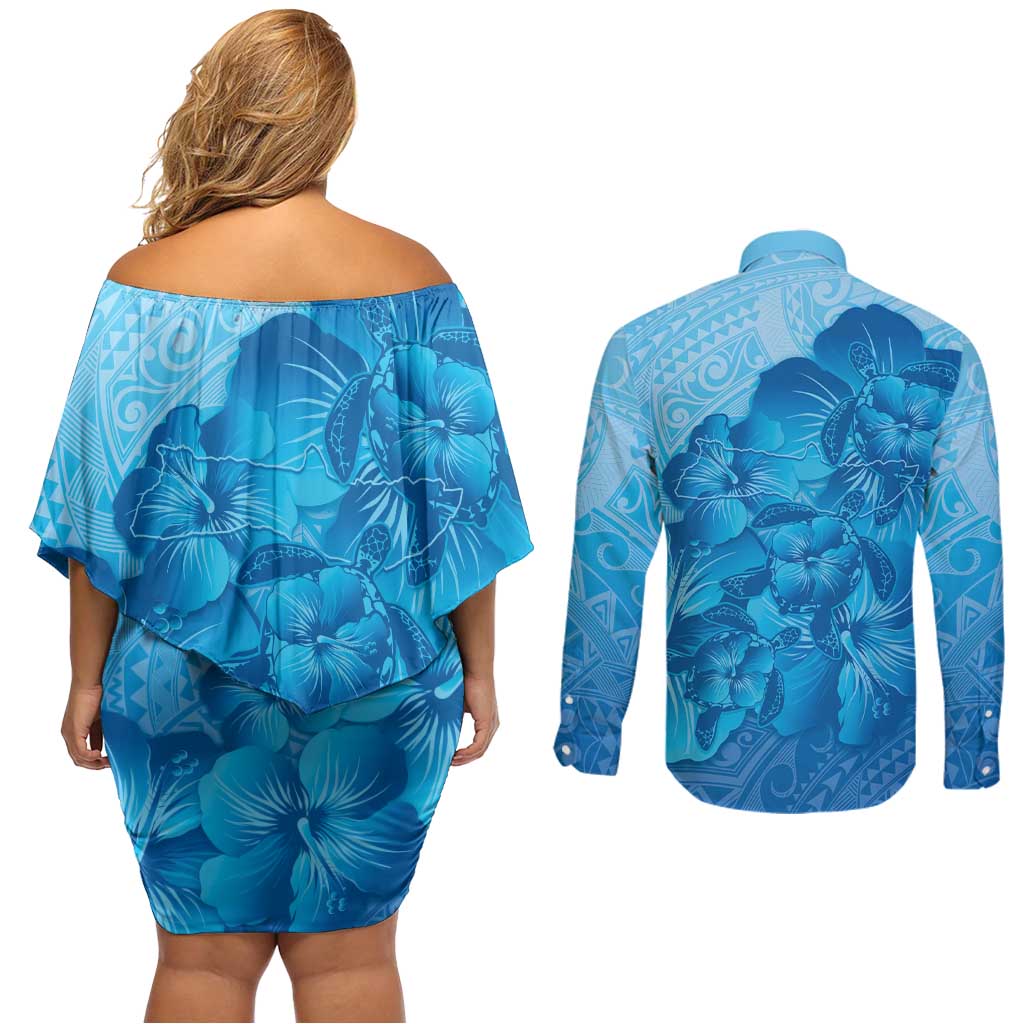 Aloha Hawaii Molokai Island Couples Matching Off Shoulder Short Dress and Long Sleeve Button Shirt Hibiscus Tribal Honu Hawaiian Tattoo LT14 - Polynesian Pride