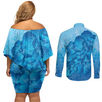 Aloha Hawaii Molokai Island Couples Matching Off Shoulder Short Dress and Long Sleeve Button Shirt Hibiscus Tribal Honu Hawaiian Tattoo LT14 - Polynesian Pride