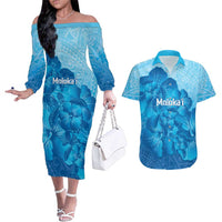 Aloha Hawaii Molokai Island Couples Matching Off The Shoulder Long Sleeve Dress and Hawaiian Shirt Hibiscus Tribal Honu Hawaiian Tattoo LT14 Blue - Polynesian Pride