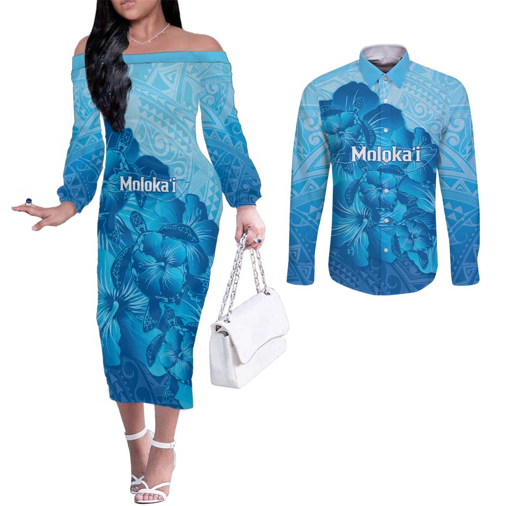 Aloha Hawaii Molokai Island Couples Matching Off The Shoulder Long Sleeve Dress and Long Sleeve Button Shirt Hibiscus Tribal Honu Hawaiian Tattoo LT14 Blue - Polynesian Pride