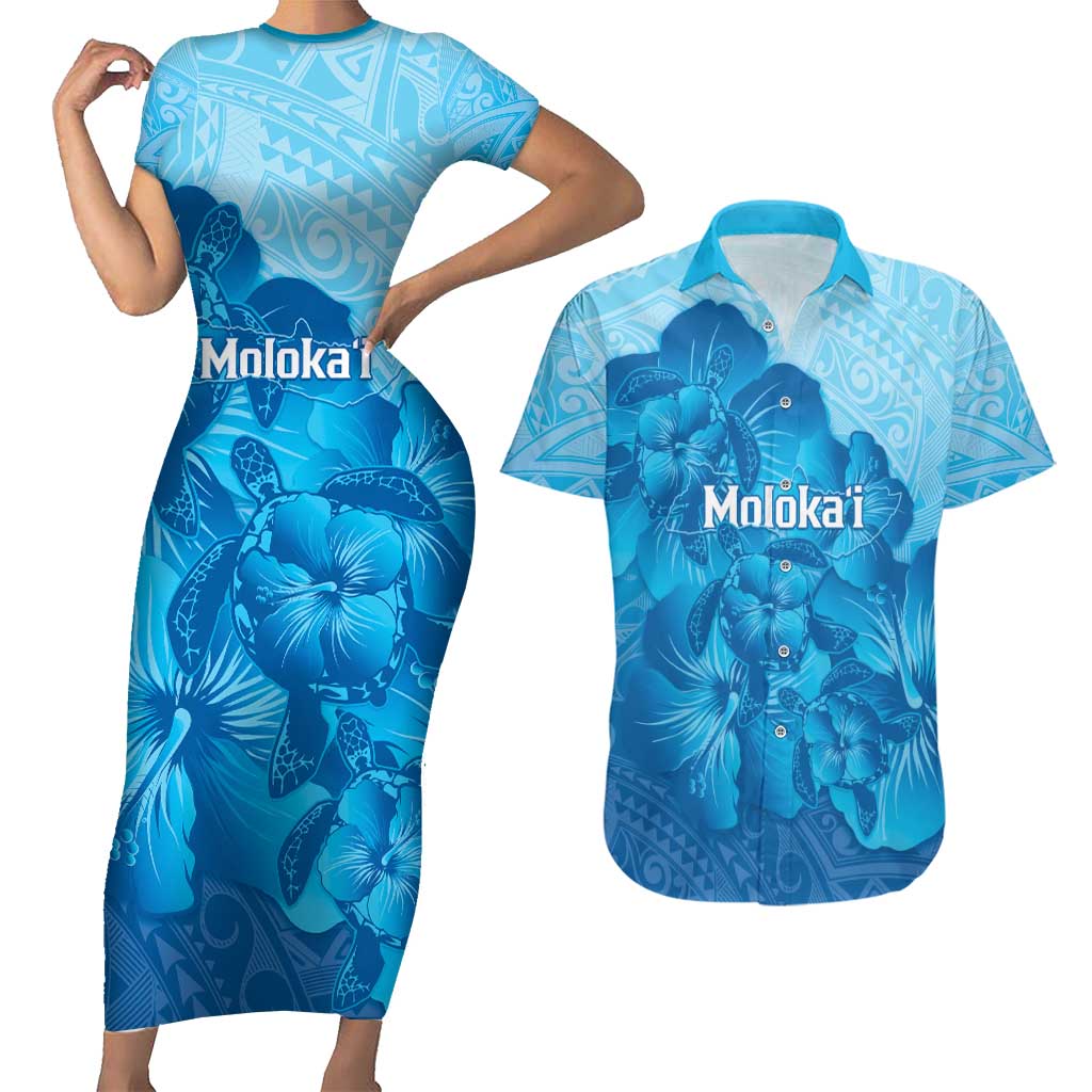 Aloha Hawaii Molokai Island Couples Matching Short Sleeve Bodycon Dress and Hawaiian Shirt Hibiscus Tribal Honu Hawaiian Tattoo LT14 Blue - Polynesian Pride
