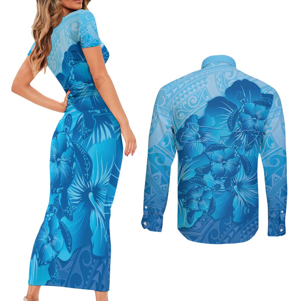 Aloha Hawaii Molokai Island Couples Matching Short Sleeve Bodycon Dress and Long Sleeve Button Shirt Hibiscus Tribal Honu Hawaiian Tattoo LT14 - Polynesian Pride