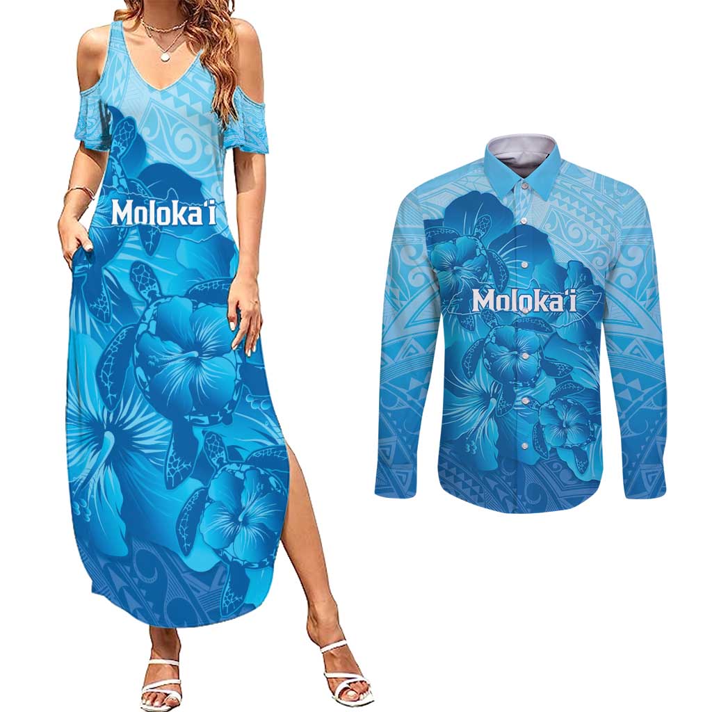 Aloha Hawaii Molokai Island Couples Matching Summer Maxi Dress and Long Sleeve Button Shirt Hibiscus Tribal Honu Hawaiian Tattoo LT14 Blue - Polynesian Pride