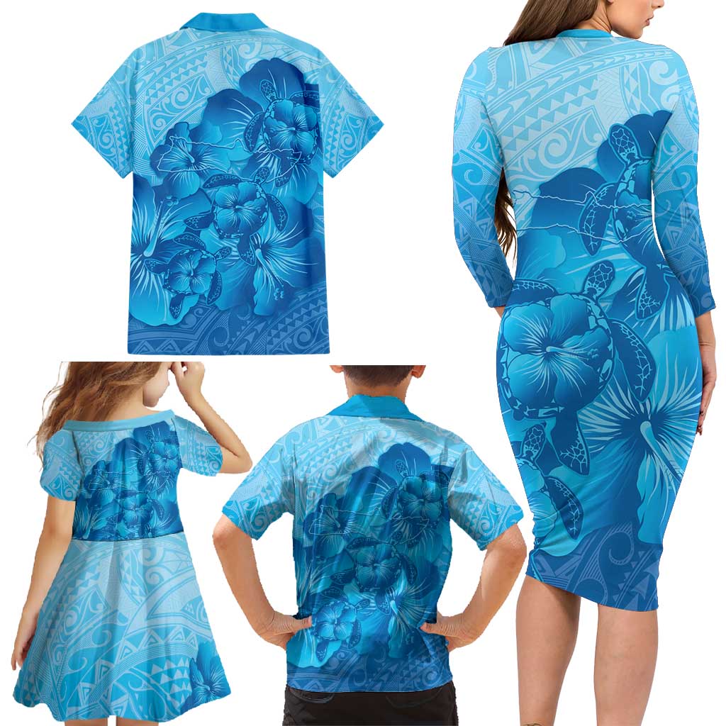 Aloha Hawaii Molokai Island Family Matching Long Sleeve Bodycon Dress and Hawaiian Shirt Hibiscus Tribal Honu Hawaiian Tattoo LT14 - Polynesian Pride