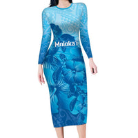 Aloha Hawaii Molokai Island Family Matching Long Sleeve Bodycon Dress and Hawaiian Shirt Hibiscus Tribal Honu Hawaiian Tattoo LT14 Mom's Dress Blue - Polynesian Pride