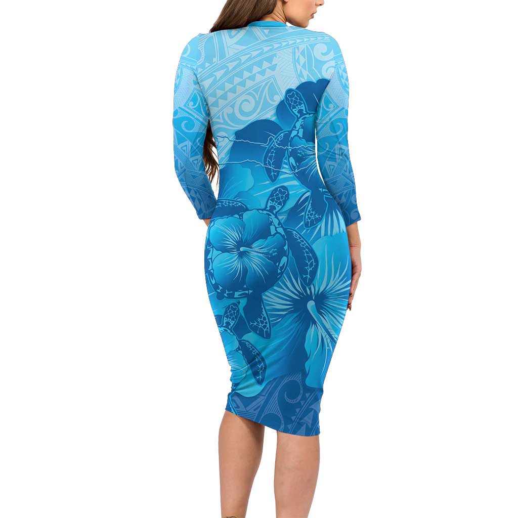 Aloha Hawaii Molokai Island Family Matching Long Sleeve Bodycon Dress and Hawaiian Shirt Hibiscus Tribal Honu Hawaiian Tattoo LT14 - Polynesian Pride