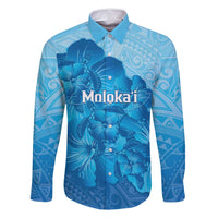 Aloha Hawaii Molokai Island Family Matching Mermaid Dress and Hawaiian Shirt Hibiscus Tribal Honu Hawaiian Tattoo LT14 Dad's Shirt - Long Sleeve Blue - Polynesian Pride